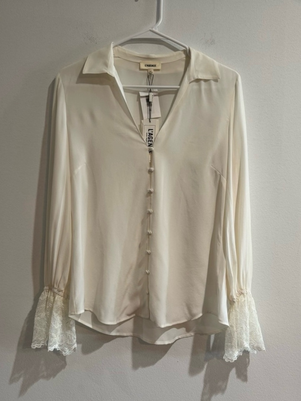 L’AGENCE Shyla Silk Lace Cuff Blouse Ivory XS NWT $425